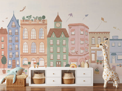 Whimsical Urban Wallpaper Pastel Buildings Wall Mural