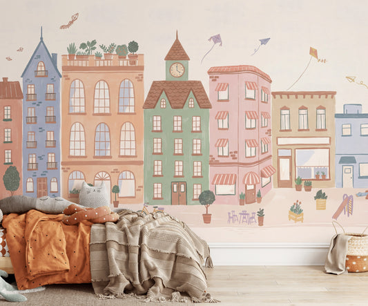 Whimsical Urban Wallpaper Pastel Buildings Wall Mural