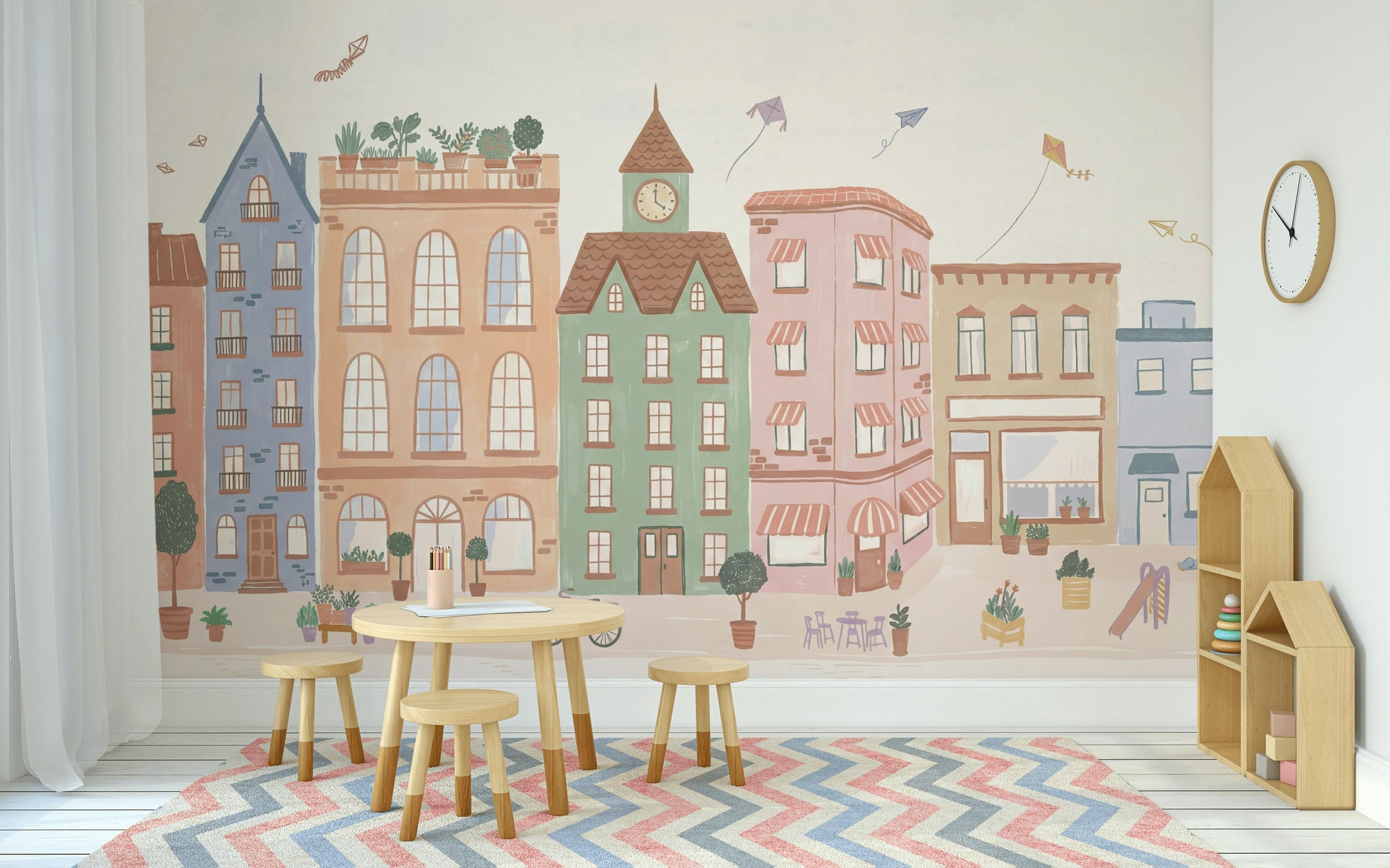 Whimsical Urban Wallpaper Pastel Buildings Wall Mural