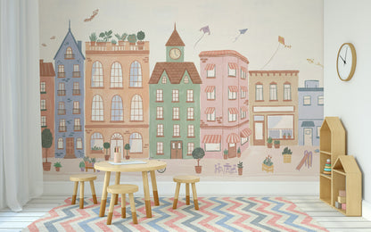 Whimsical Urban Wallpaper Pastel Buildings Wall Mural