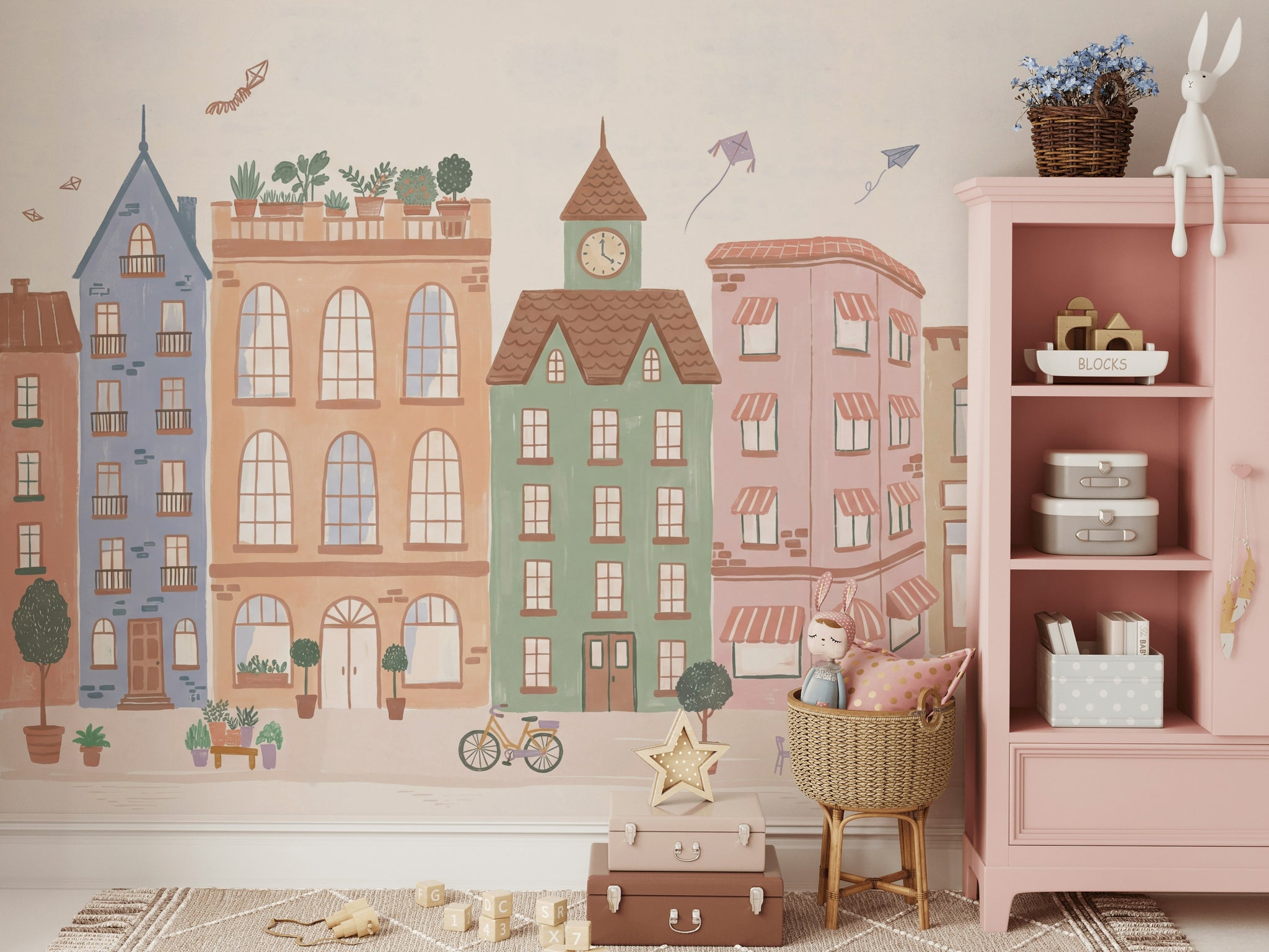 Whimsical Urban Wallpaper Pastel Buildings Wall Mural