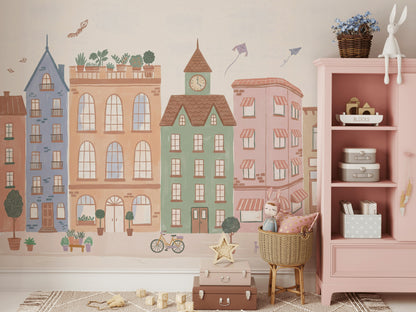 Whimsical Urban Wallpaper Pastel Buildings Wall Mural