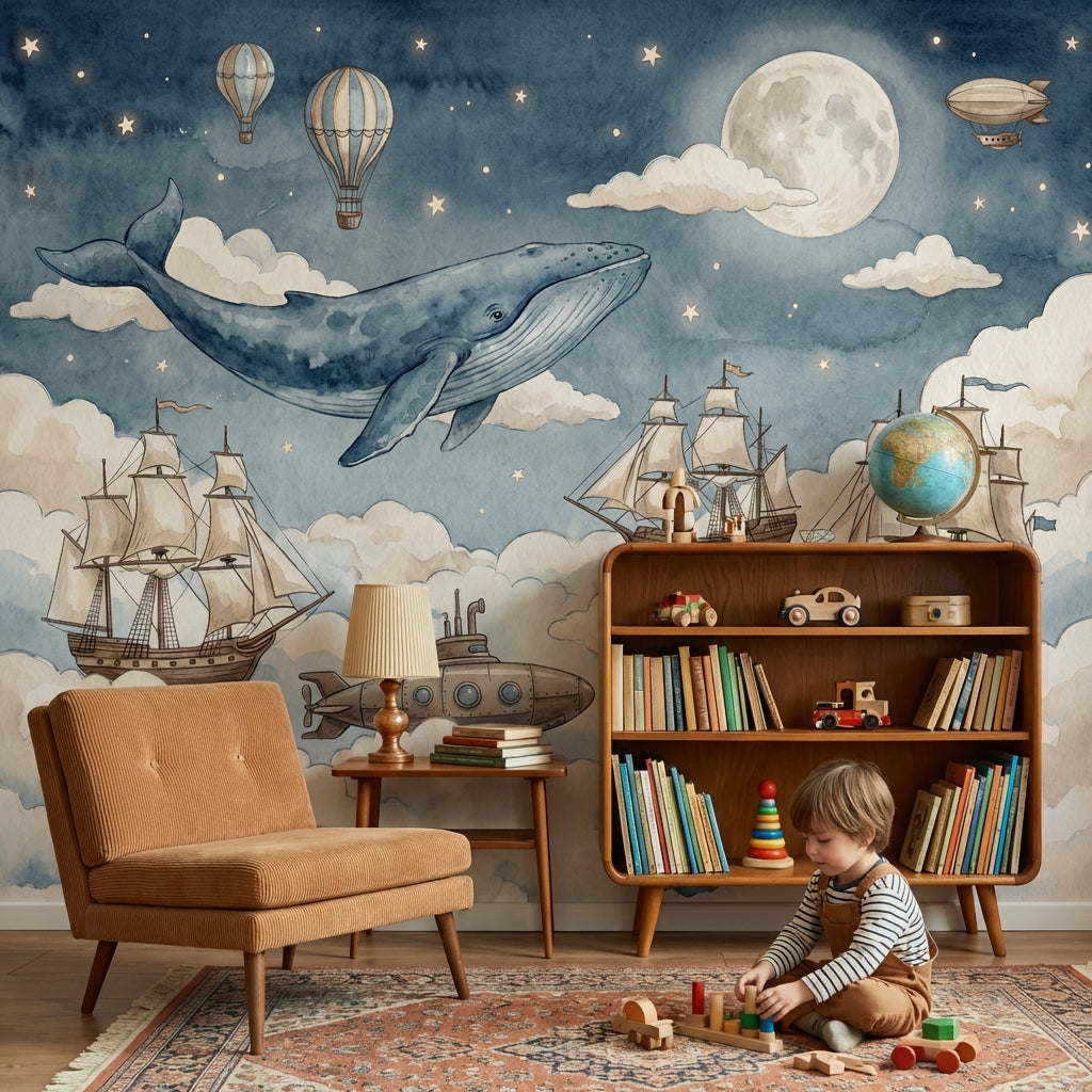 Starry Night Wallpaper Whale Balloon Wall Mural