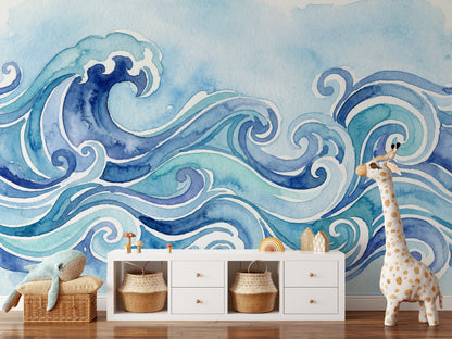 Ocean Waves Wallpaper Watercolor Modern Wall Decor