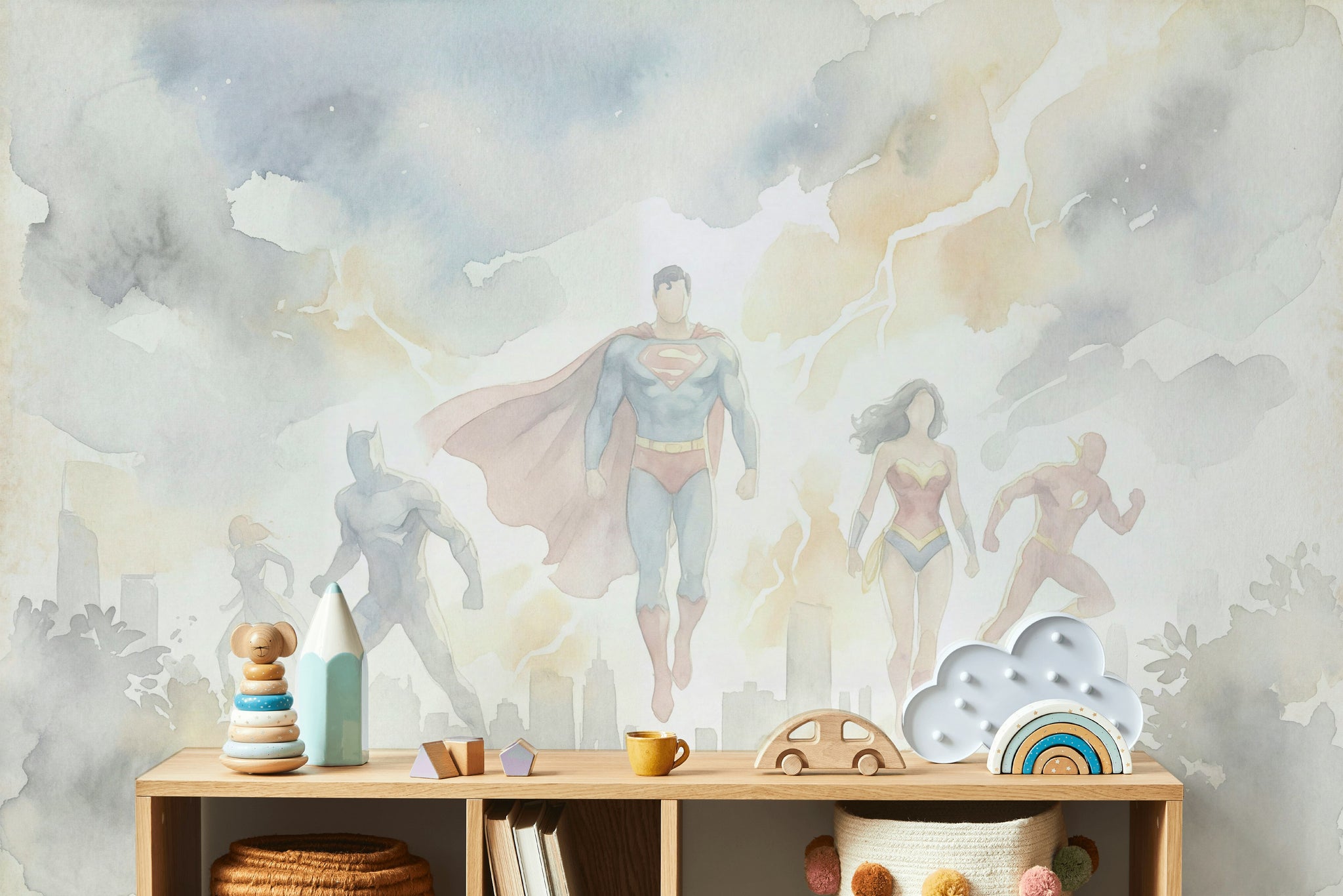 Superheroes Wallpaper Watercolor Cityscape Wall Mural