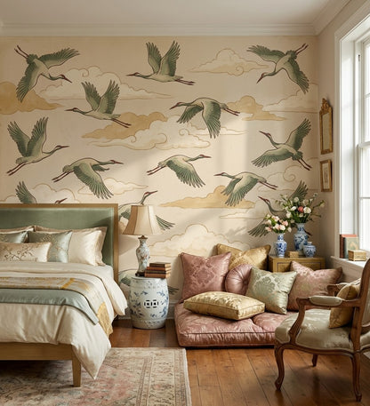 Muted Green Wallpaper Birds Vintage Wall Mural