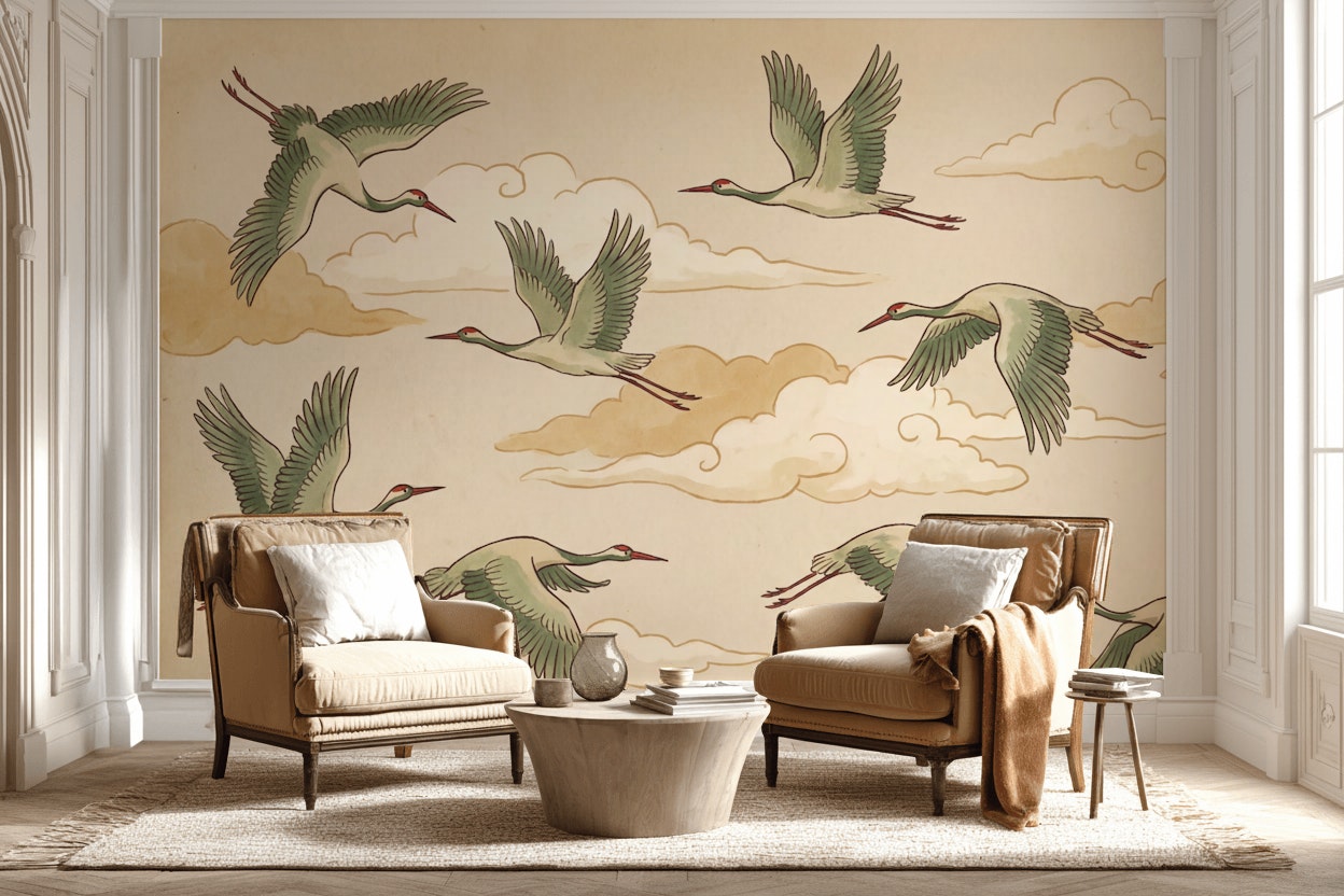 Muted Green Wallpaper Birds Vintage Wall Mural