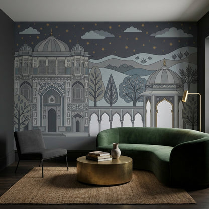Mughal Architecture Wallpaper Night Sky Gold Stars Removable Wall Decor