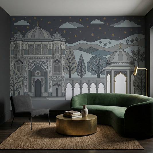 Mughal Architecture Wallpaper Night Sky Gold Stars Removable Wall Decor
