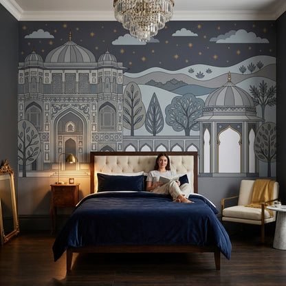 Mughal Architecture Wallpaper Night Sky Gold Stars Removable Wall Decor