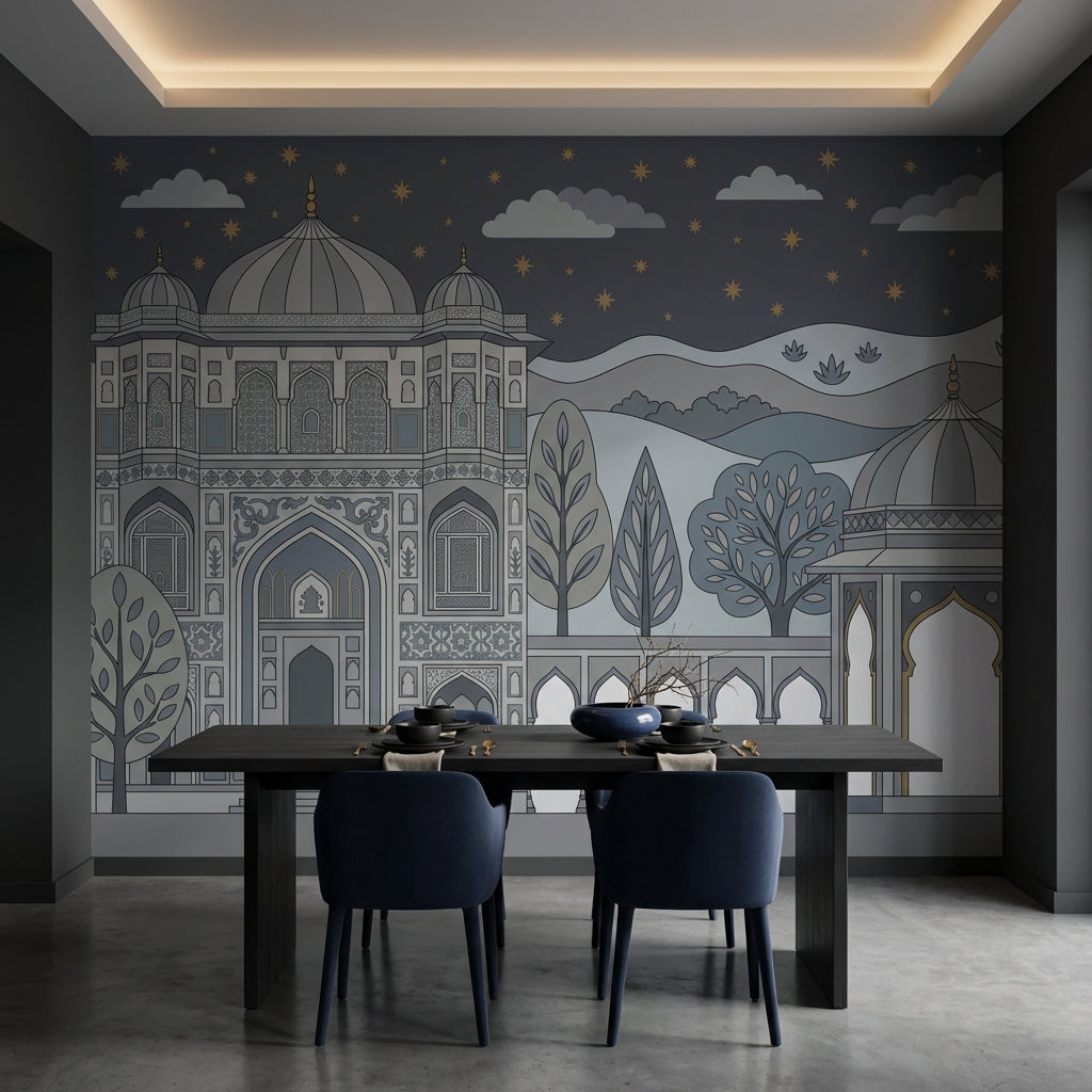 Mughal Architecture Wallpaper Night Sky Gold Stars Removable Wall Decor