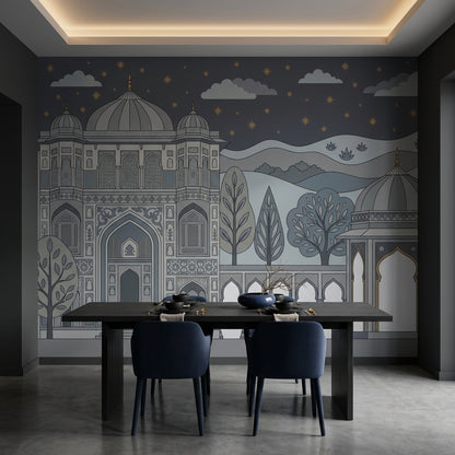 Mughal Architecture Wallpaper Night Sky Gold Stars Removable Wall Decor