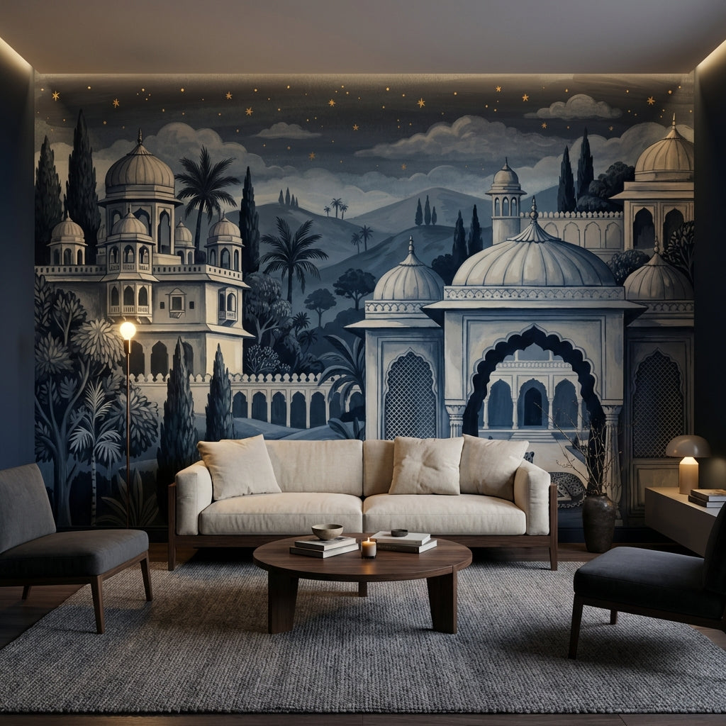 Dark Night Palace Wallpaper Mughal Architecture Vintage Toile Mural Wall Mural