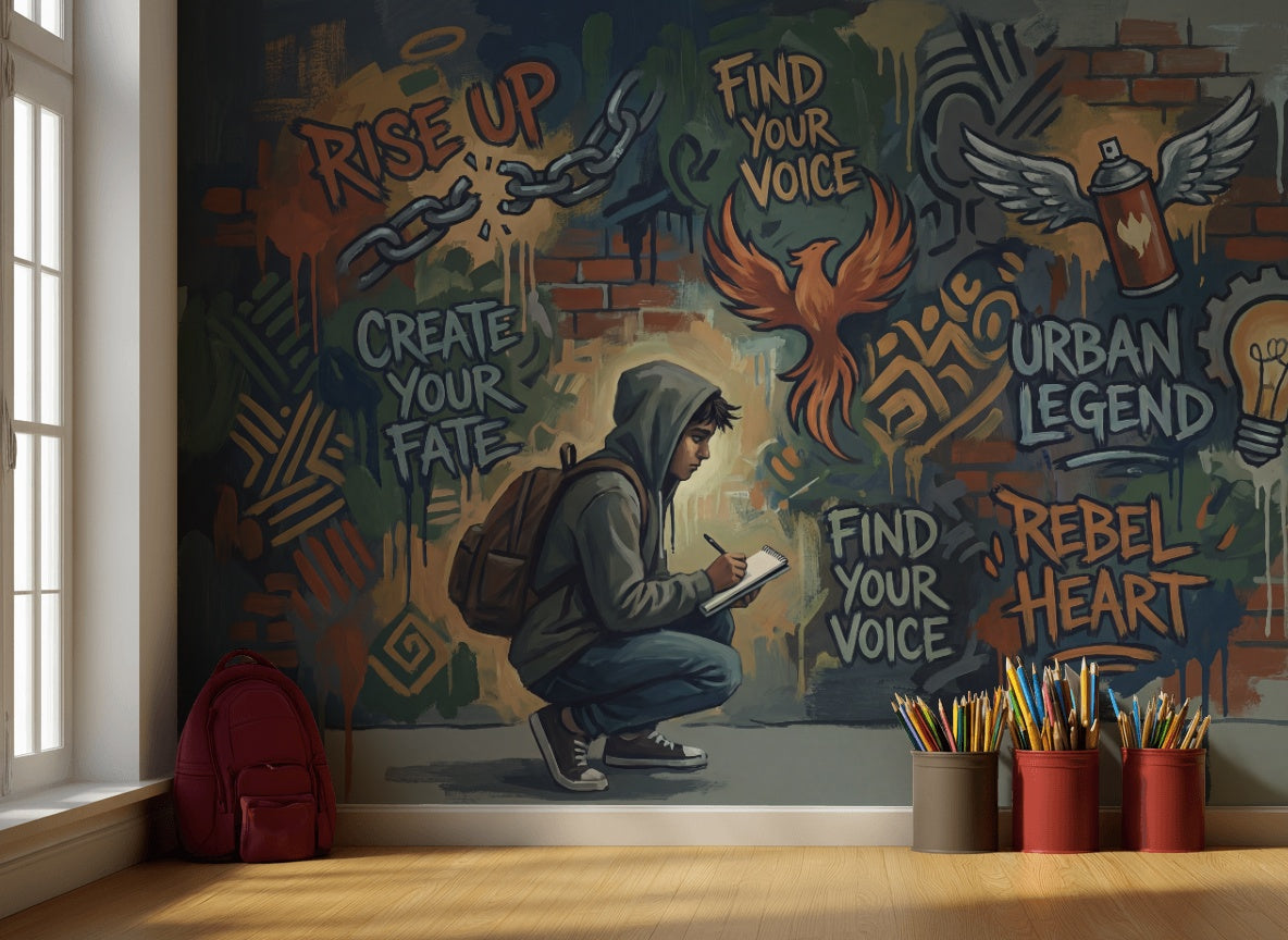 Graffiti Brick Wallpaper Young Man Energetic Wall Mural