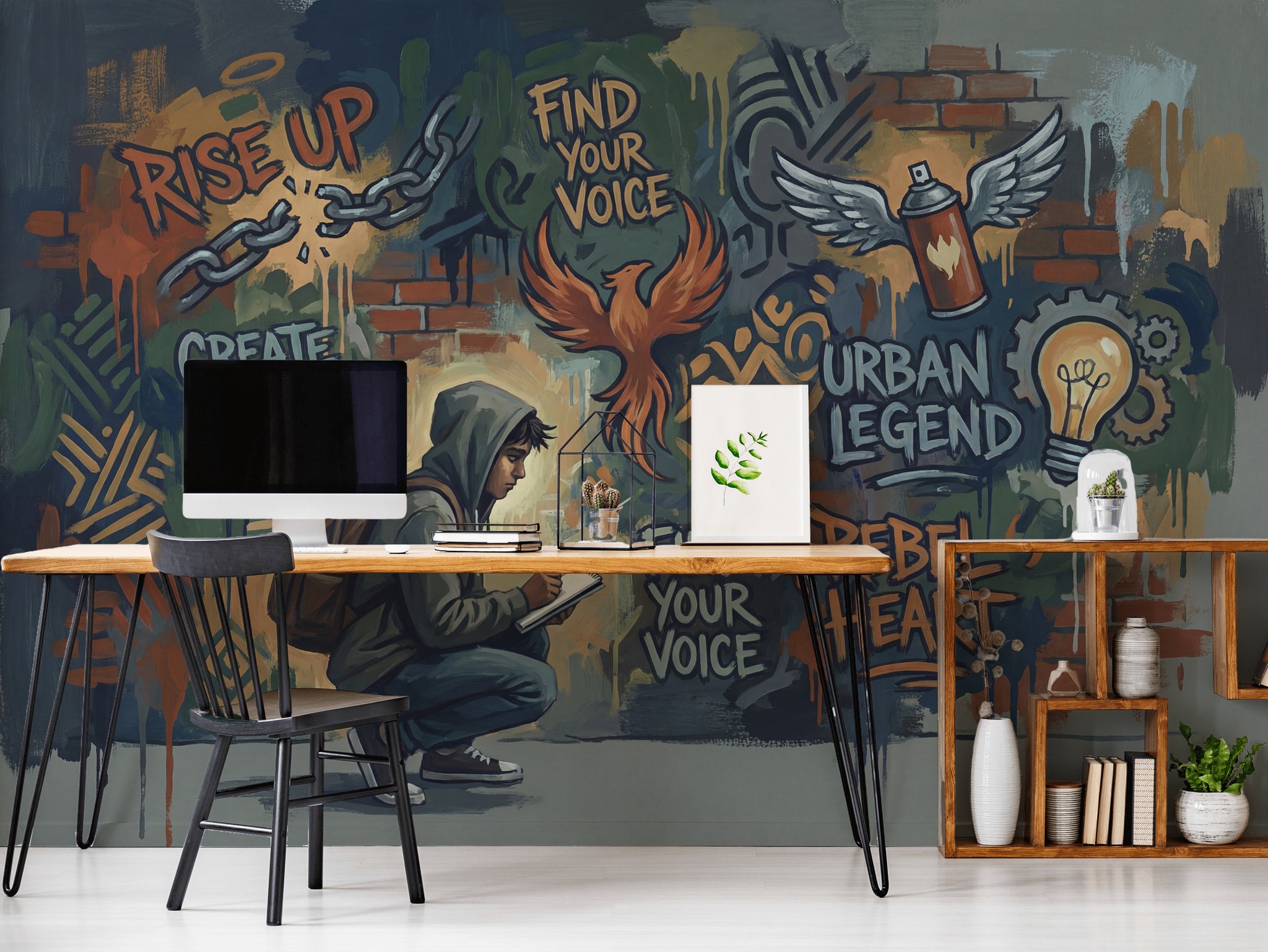 Graffiti Brick Wallpaper Young Man Energetic Wall Mural