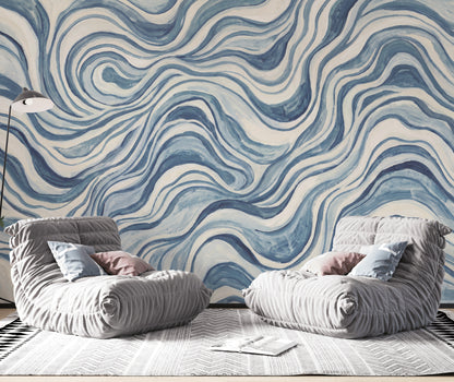 Abstract Pattern Wallpaper Blue Wavy Wall Mural