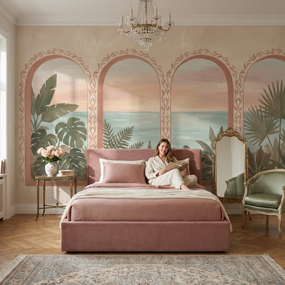 Coastal Landscape Wallpaper Arched Windows Mediterranean Wall Mural