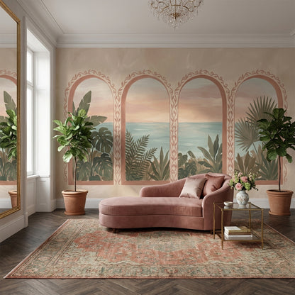 Coastal Landscape Wallpaper Arched Windows Mediterranean Wall Mural
