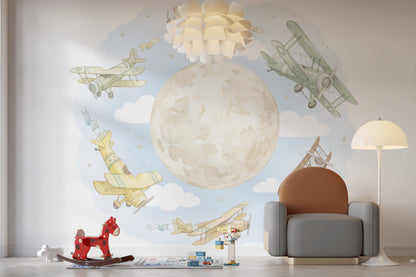 Airplanes Wallpaper Whimsical Moon Wall Mural