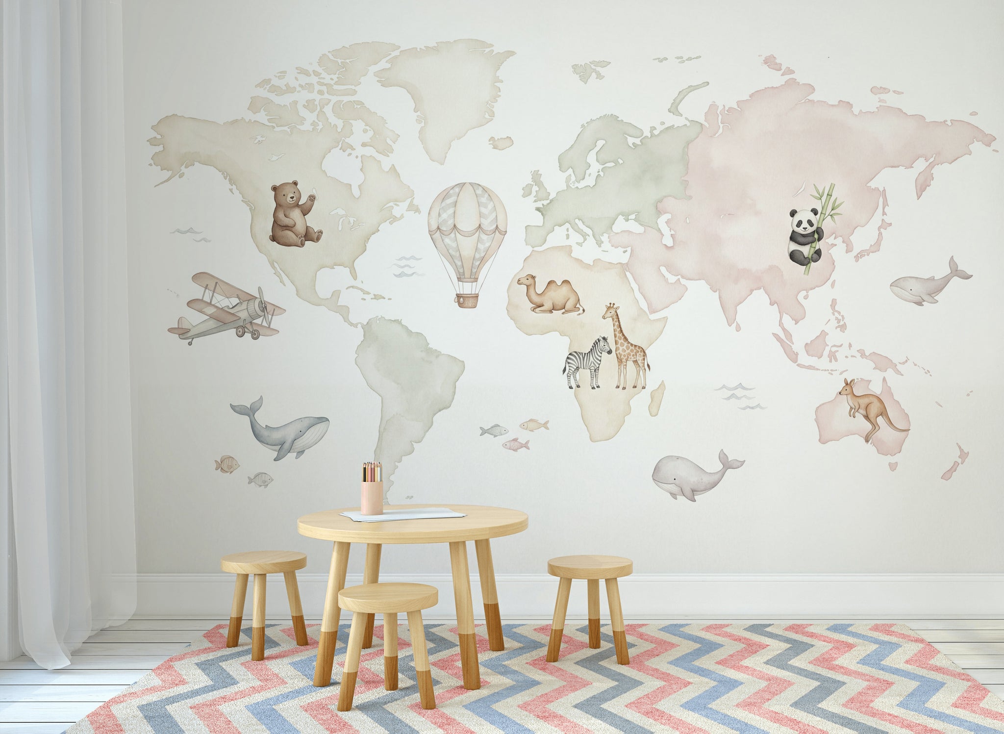 Watercolor World Map Wallpaper Animal Nursery Wall Mural