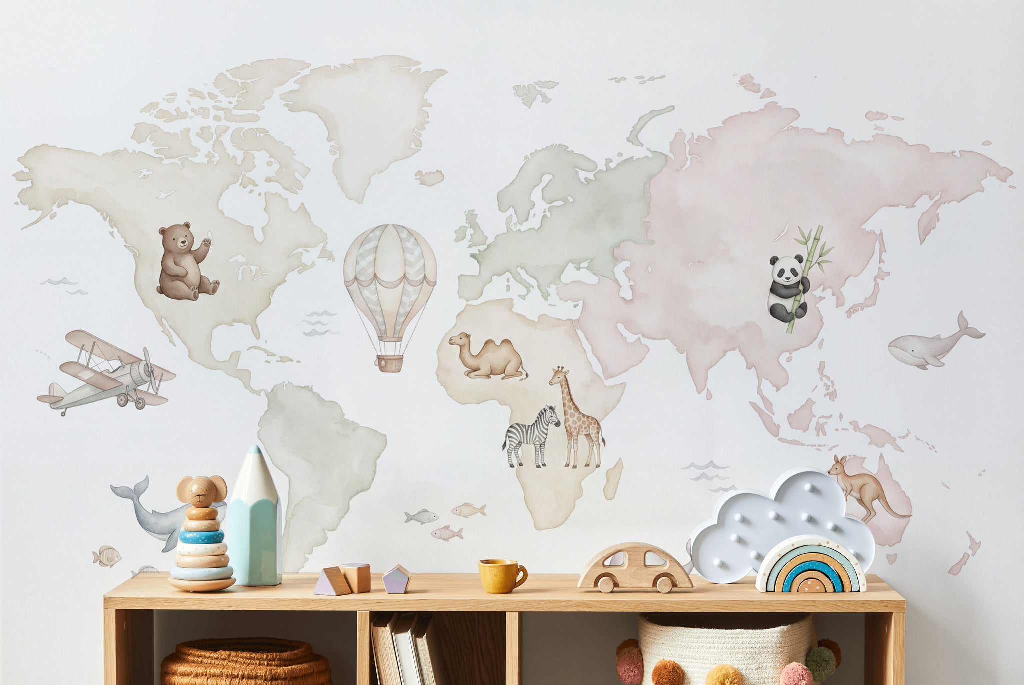 Watercolor World Map Wallpaper Animal Nursery Wall Mural