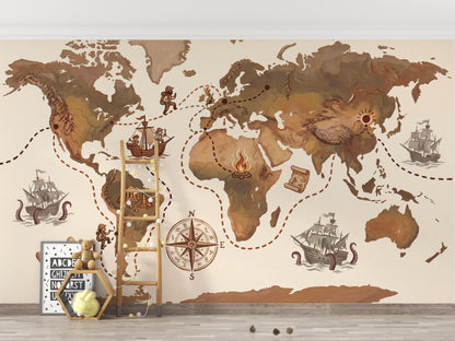 World Map Wallpaper Vintage Nautical Wall Mural