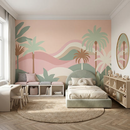 Pastel Tropical Wallpaper Palm Trees Layered Hills Removable Wall Decor