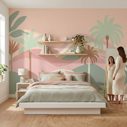 Pastel Tropical Wallpaper Palm Trees Layered Hills Removable Wall Decor