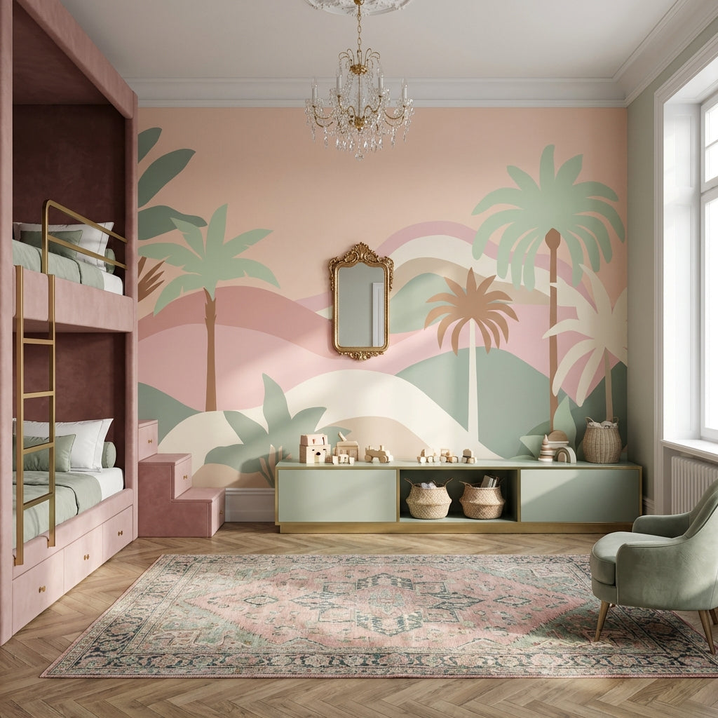Pastel Tropical Wallpaper Palm Trees Layered Hills Removable Wall Decor