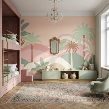 Pastel Tropical Wallpaper Palm Trees Layered Hills Removable Wall Decor