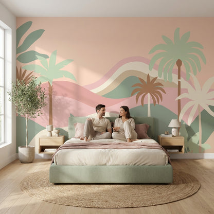 Pastel Tropical Wallpaper Palm Trees Layered Hills Removable Wall Decor