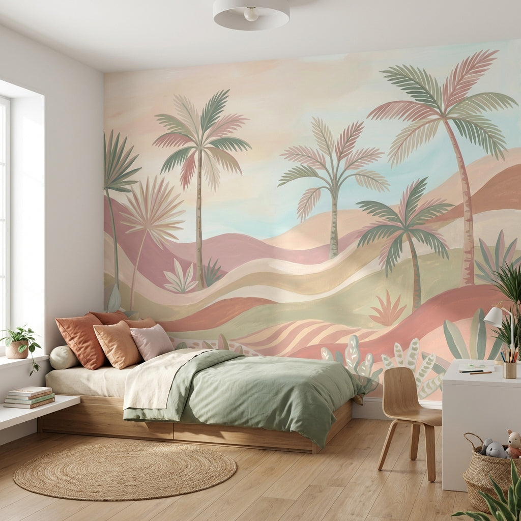 Pastel Tropical Landscape Wallpaper Palm Trees Desert Dunes Wall Mural
