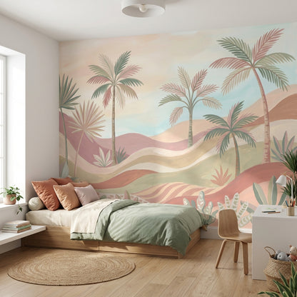 Pastel Tropical Landscape Wallpaper Palm Trees Desert Dunes Wall Mural