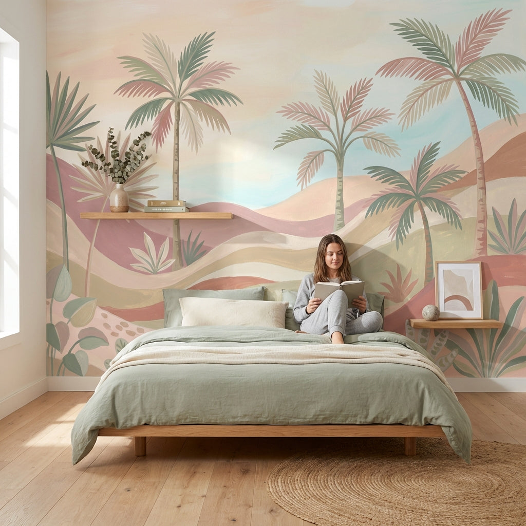 Pastel Tropical Landscape Wallpaper Palm Trees Desert Dunes Wall Mural