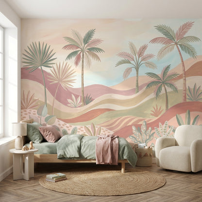 Pastel Tropical Landscape Wallpaper Palm Trees Desert Dunes Wall Mural