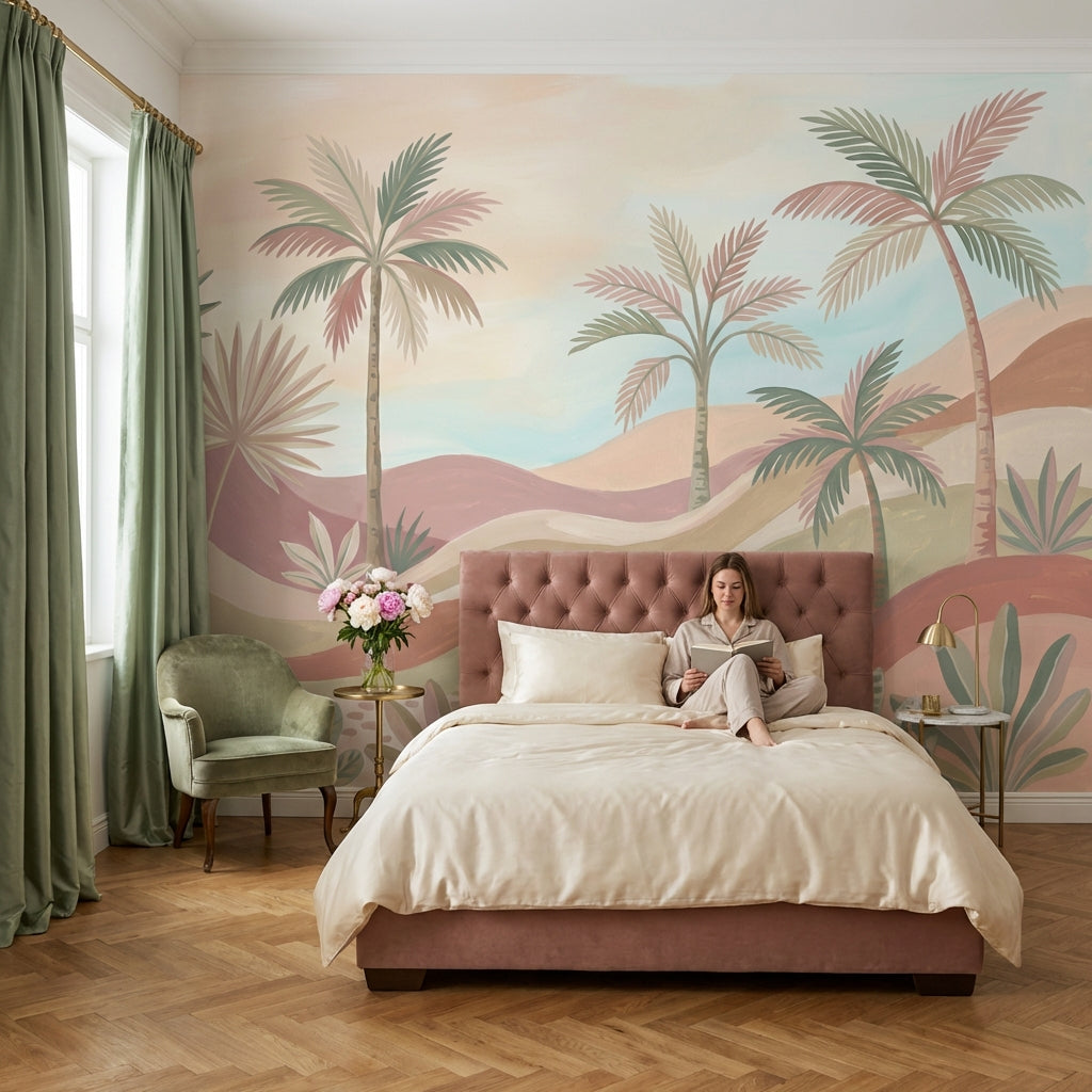 Pastel Tropical Landscape Wallpaper Palm Trees Desert Dunes Wall Mural