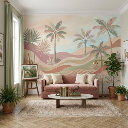 Pastel Tropical Landscape Wallpaper Palm Trees Desert Dunes Wall Mural