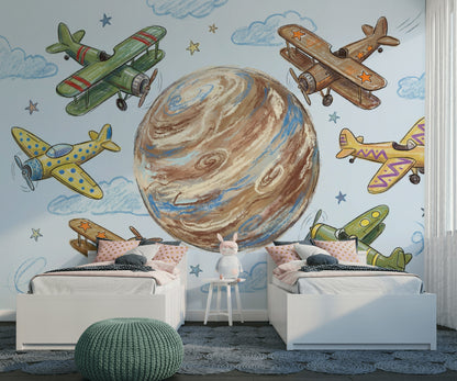 Space Airplanes Wallpaper Whimsical Planet Wall Mural