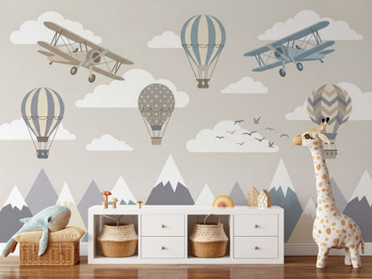 Airplanes Wallpaper Hot Air Balloons Mountains Wall Mural
