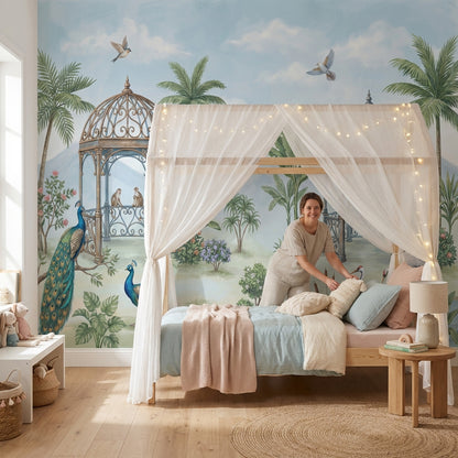 Tropical Landscape Wallpaper Gazebo Pavilion Peacocks Wall Mural
