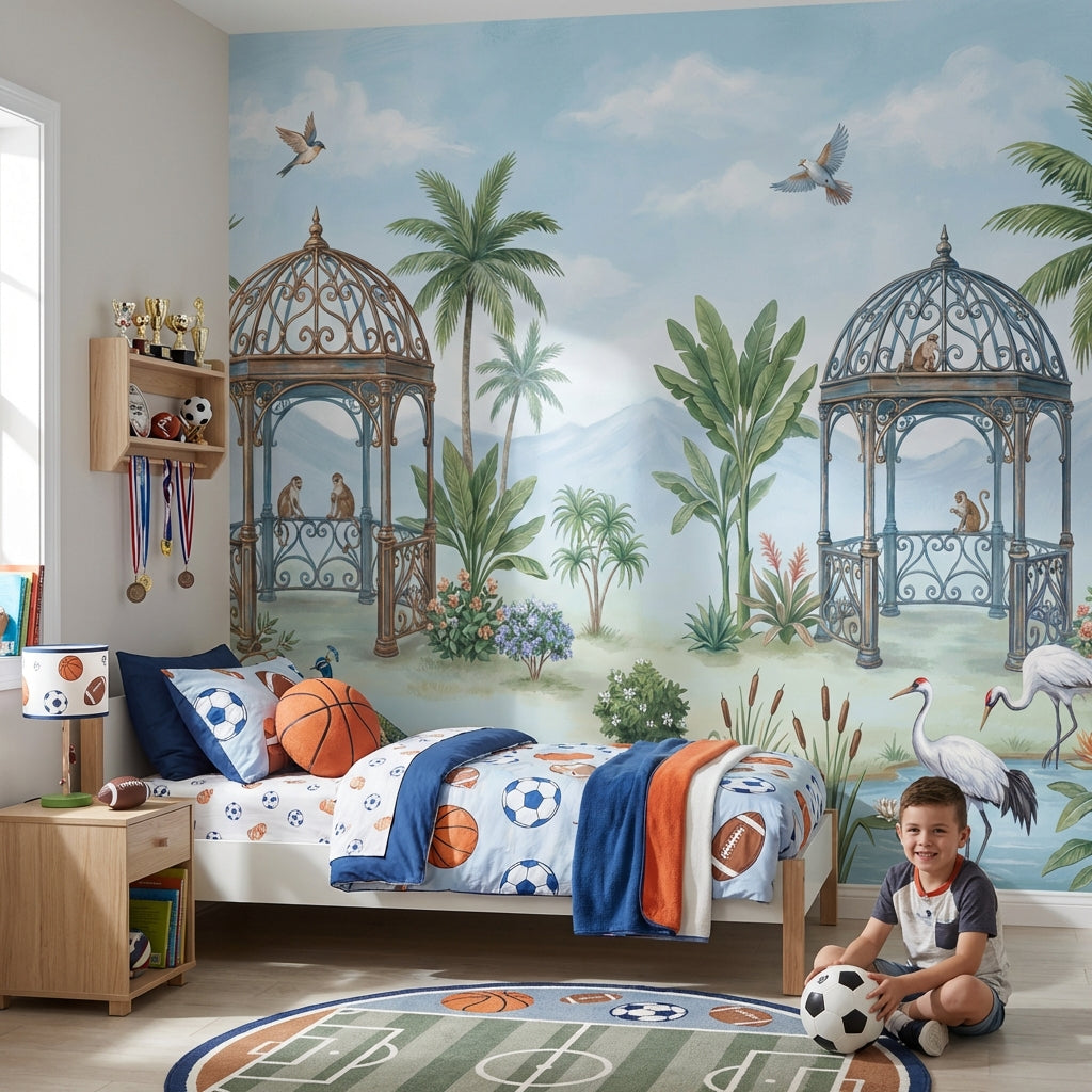 Tropical Landscape Wallpaper Gazebo Pavilion Peacocks Wall Mural