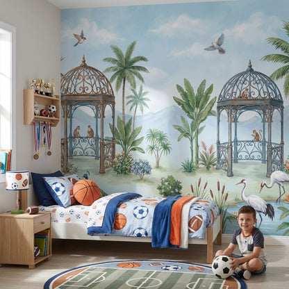 Tropical Landscape Wallpaper Gazebo Pavilion Peacocks Wall Mural