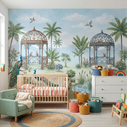 Tropical Landscape Wallpaper Gazebo Pavilion Peacocks Wall Mural