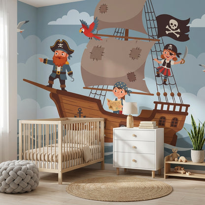 Pirate Ship Wallpaper Ocean Waves Cartoon Illustration Wall Mural
