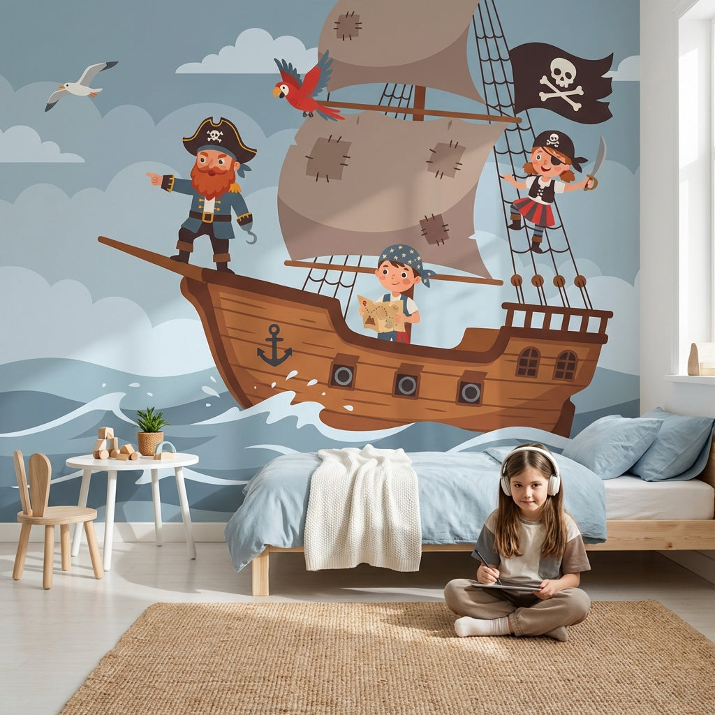 Pirate Ship Wallpaper Ocean Waves Cartoon Illustration Wall Mural
