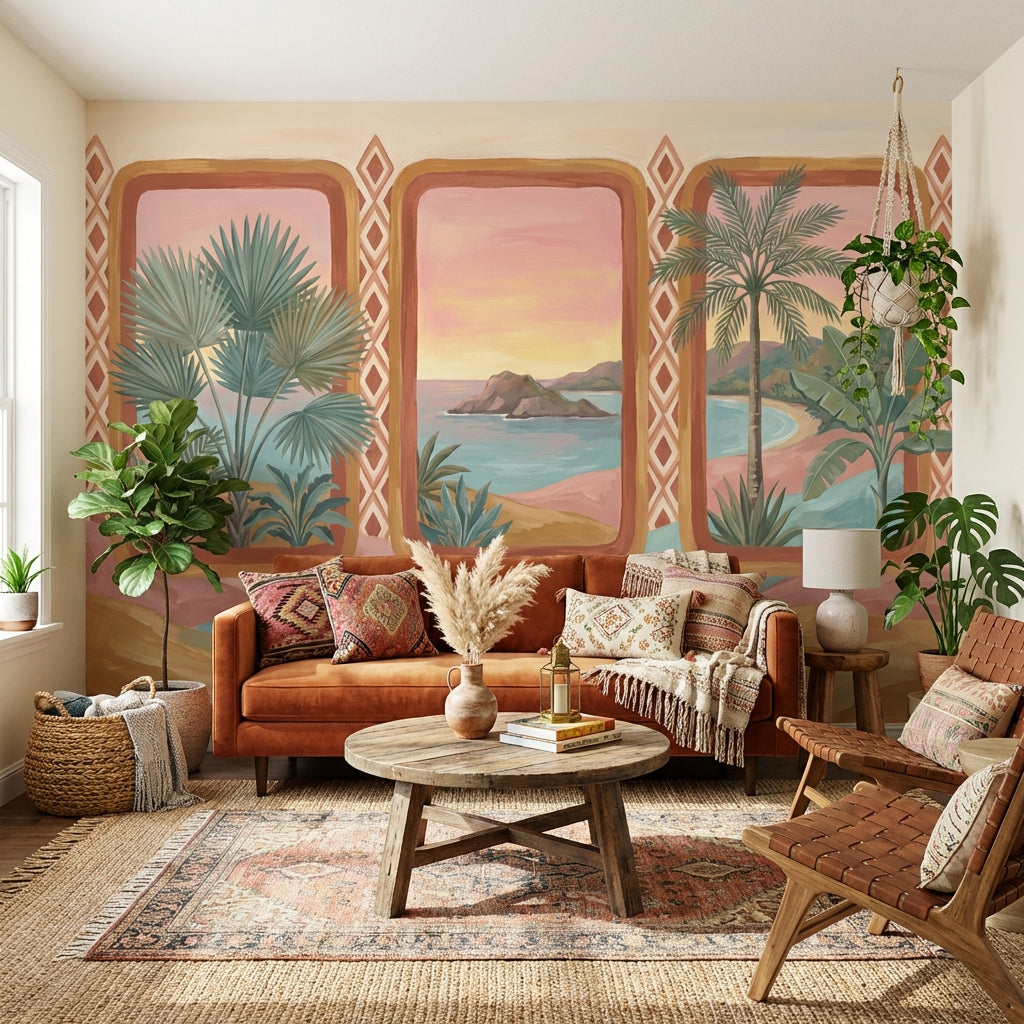 Tropical Coastal Landscape Wallpaper Sunset Sky Palm Trees Wall Mural