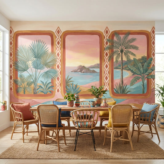 Tropical Coastal Landscape Wallpaper Sunset Sky Palm Trees Wall Mural