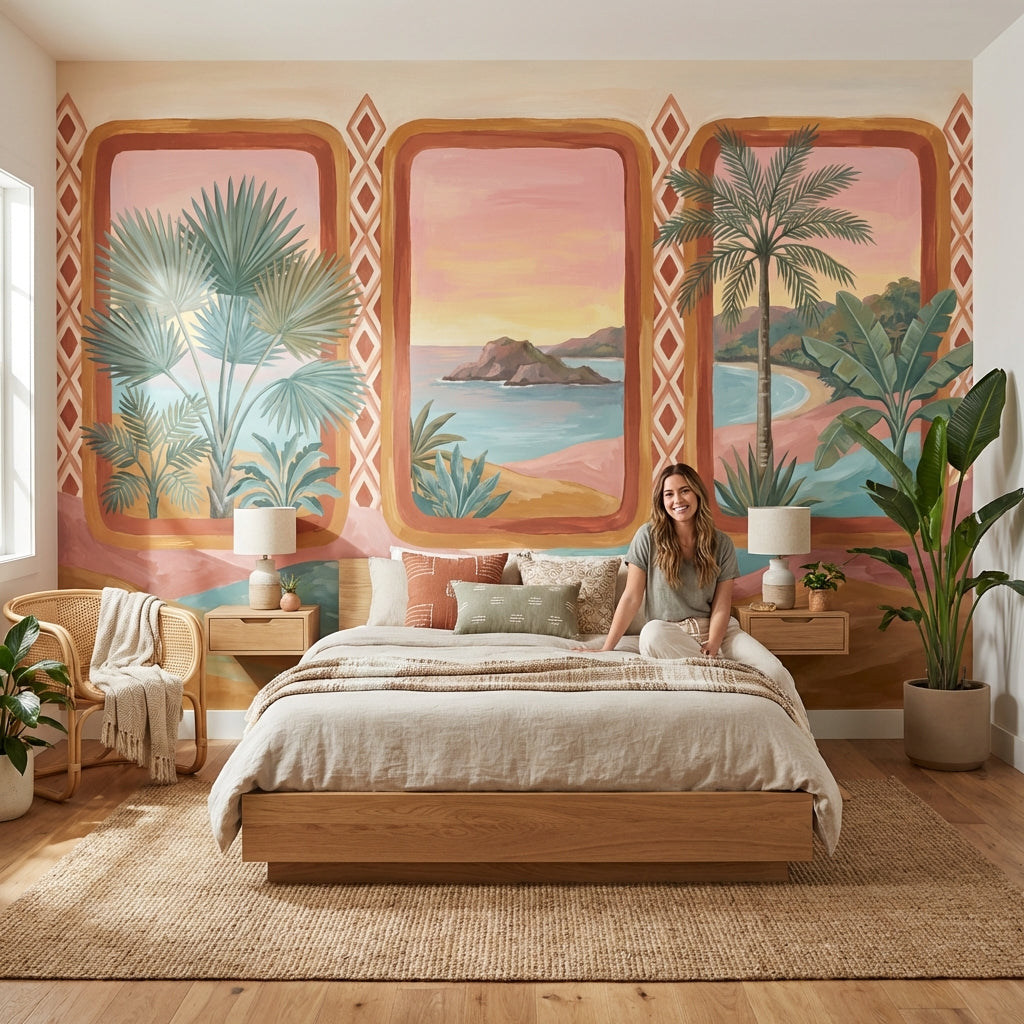 Tropical Coastal Landscape Wallpaper Sunset Sky Palm Trees Wall Mural