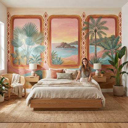 Tropical Coastal Landscape Wallpaper Sunset Sky Palm Trees Wall Mural
