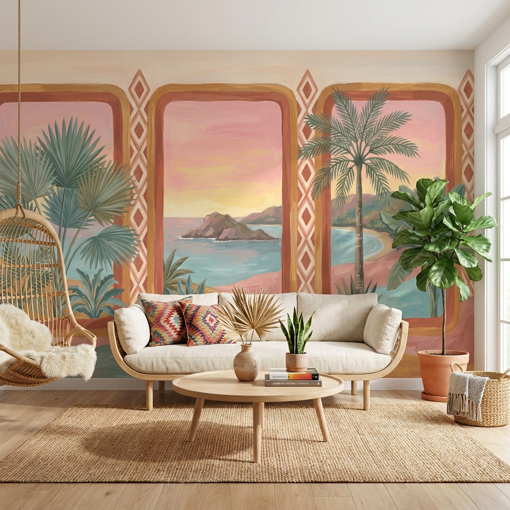Tropical Coastal Landscape Wallpaper Sunset Sky Palm Trees Wall Mural